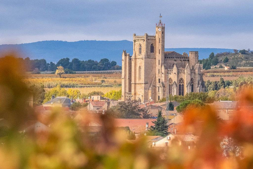 Keskiaikainen katedraali syksyisten viiniviljelmien ja kylän taustalla
